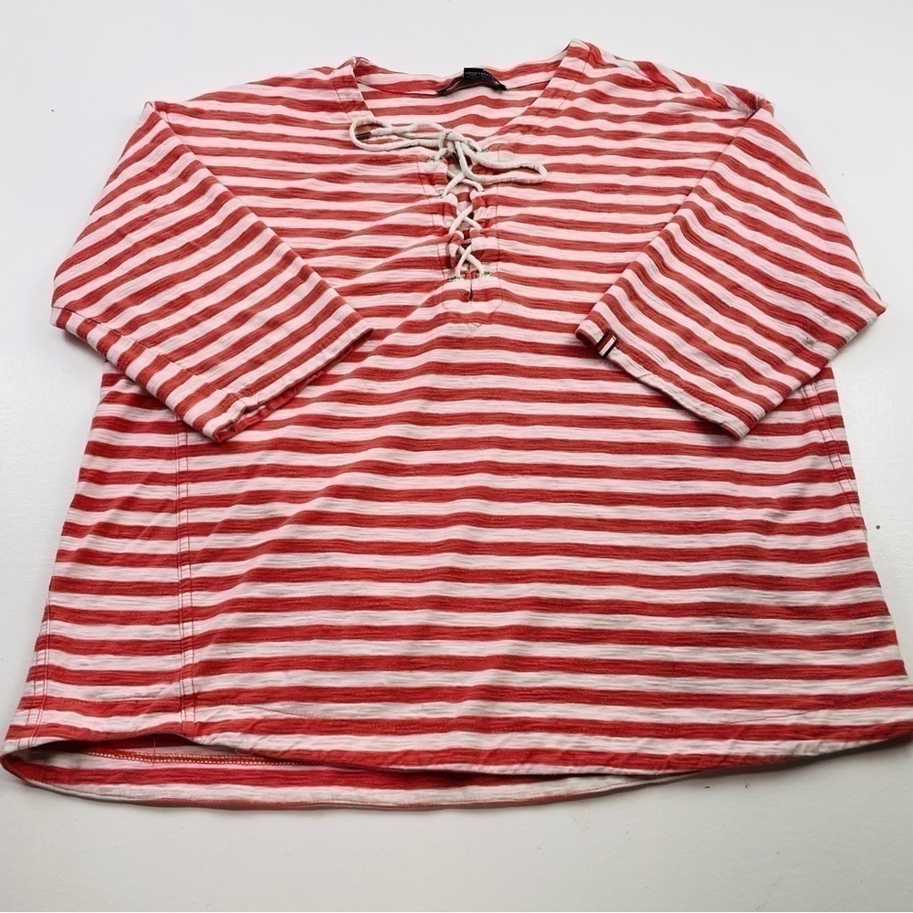 Tommy Hilfiger Top Women Size‎ XL Coral with Stripes Tie Neck 3/4 sleeves